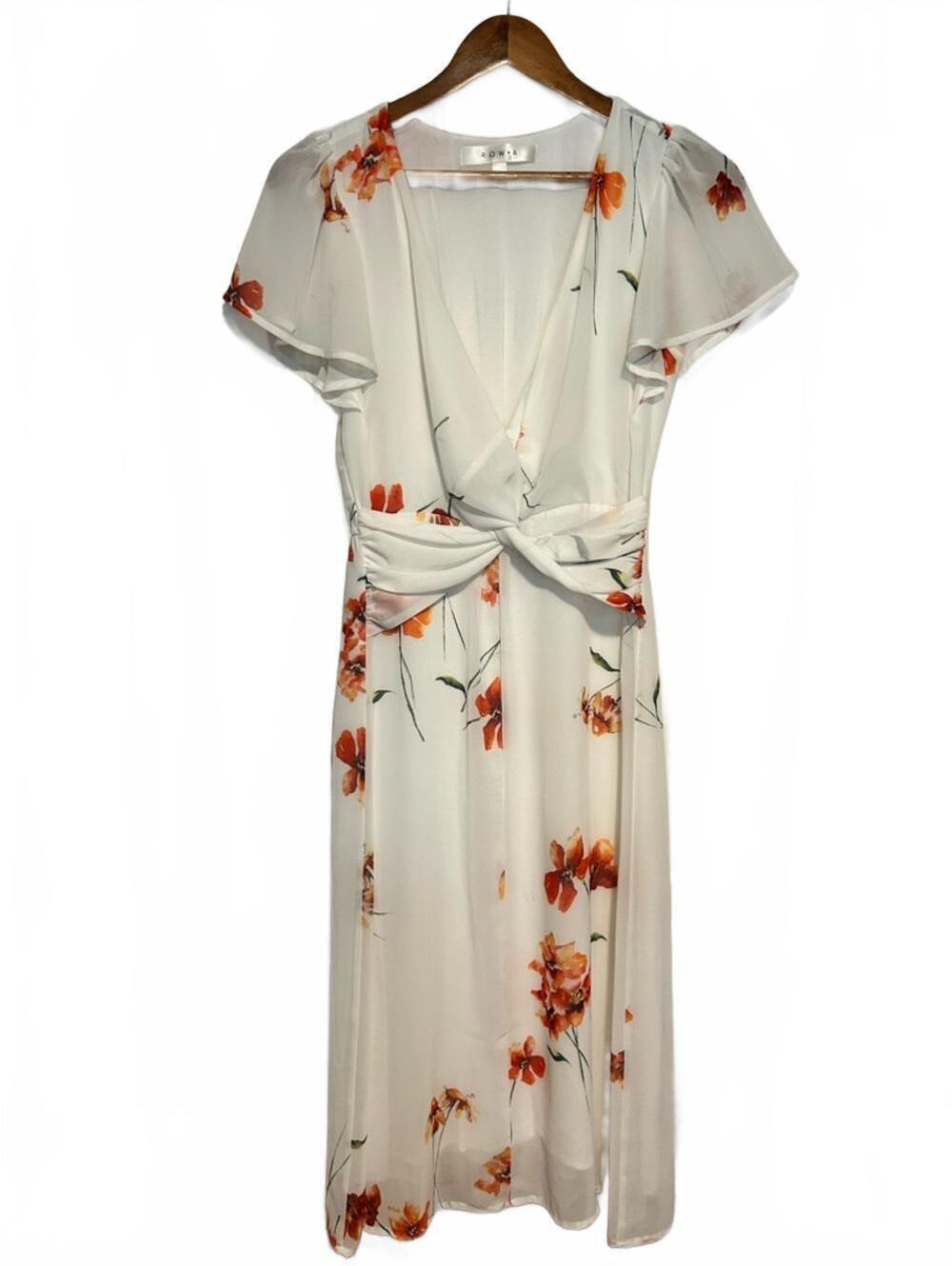 Row A White Floral Twist-Front Midi Dress Orange Flower Print | Size Medium